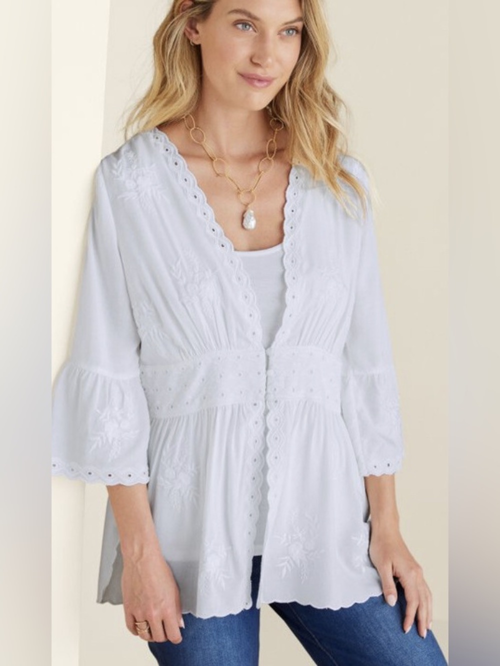 Soft Surroundings XL Eyelet Embroidery Floral Blouse Boho Cottage Ethereal Comfy